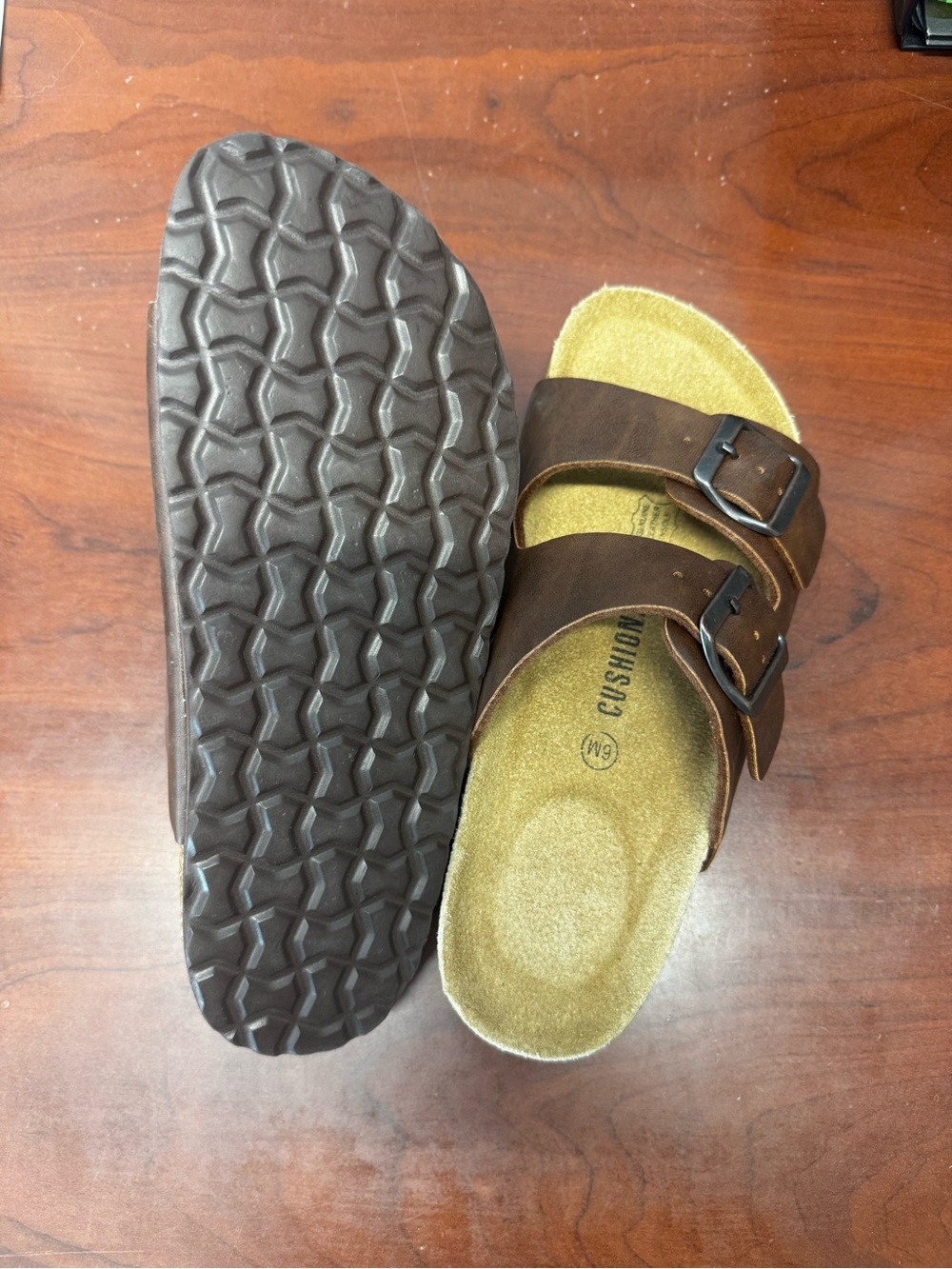 Double Strap Brown Suede Slide Sandals - Picture 2 of 3